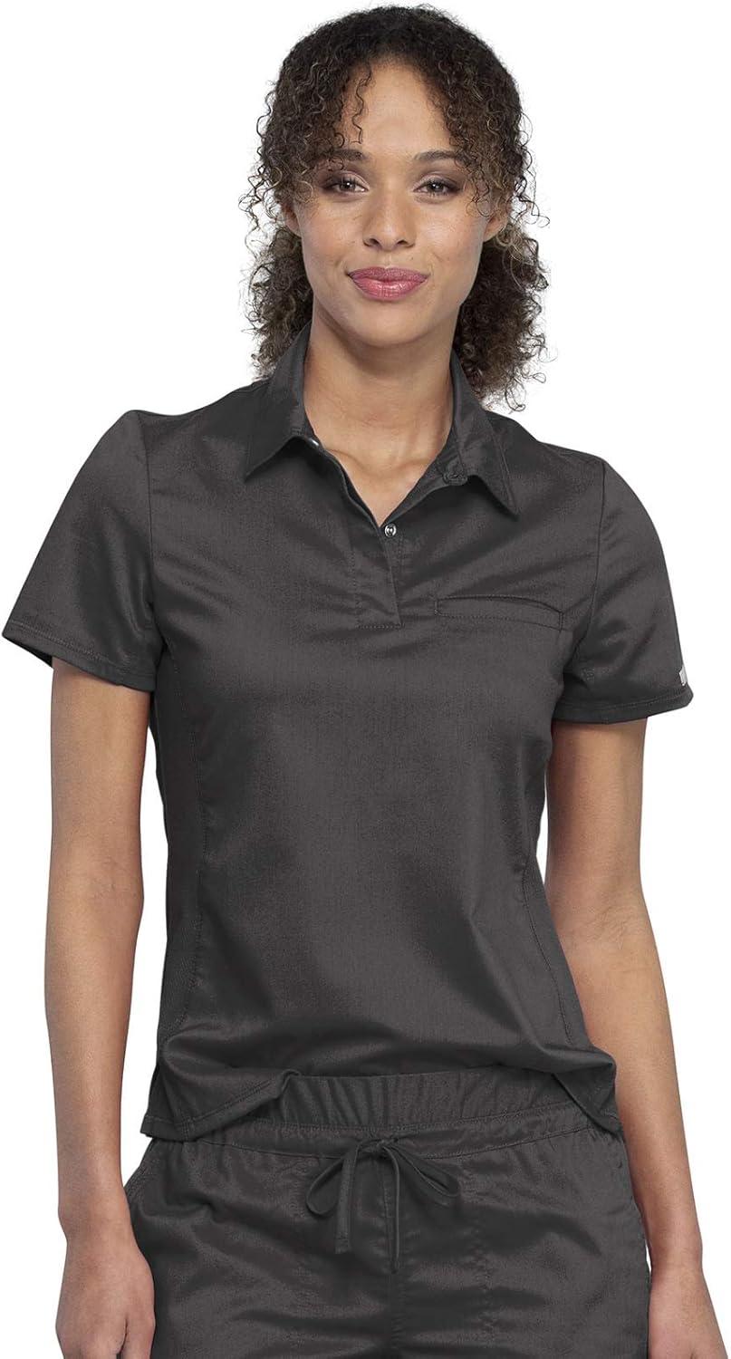 imageCherokee Scrub Set for Women Tuckable Snap Front Polo Shirt WW698 with Mid Rise Tapered Leg Drawstring Scrub Pant WW105Pewter