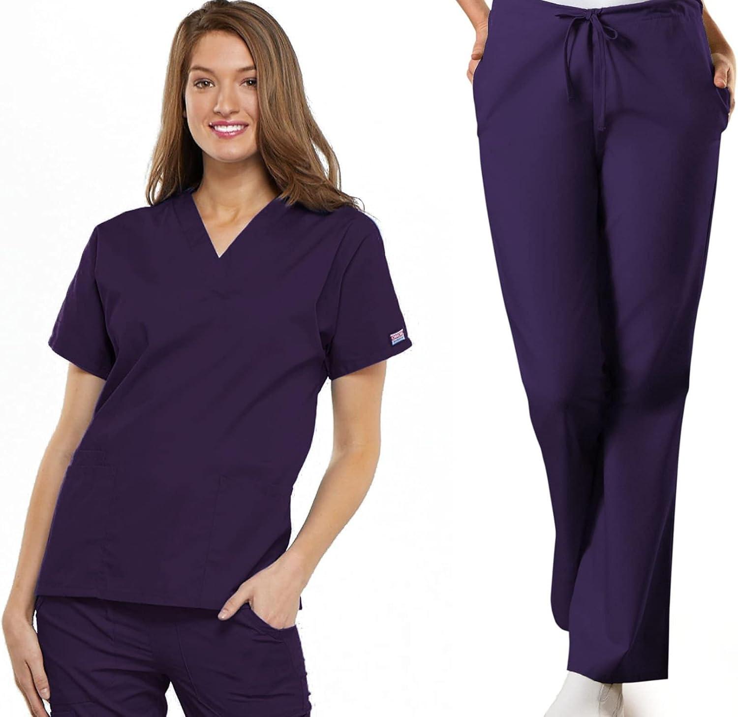 imageCherokee Scrub set for women Traditional Fit Dolman Sleeve Vneck Top 4700 Natural Rise Flare Leg Drawstring Pant 4101Eggplant