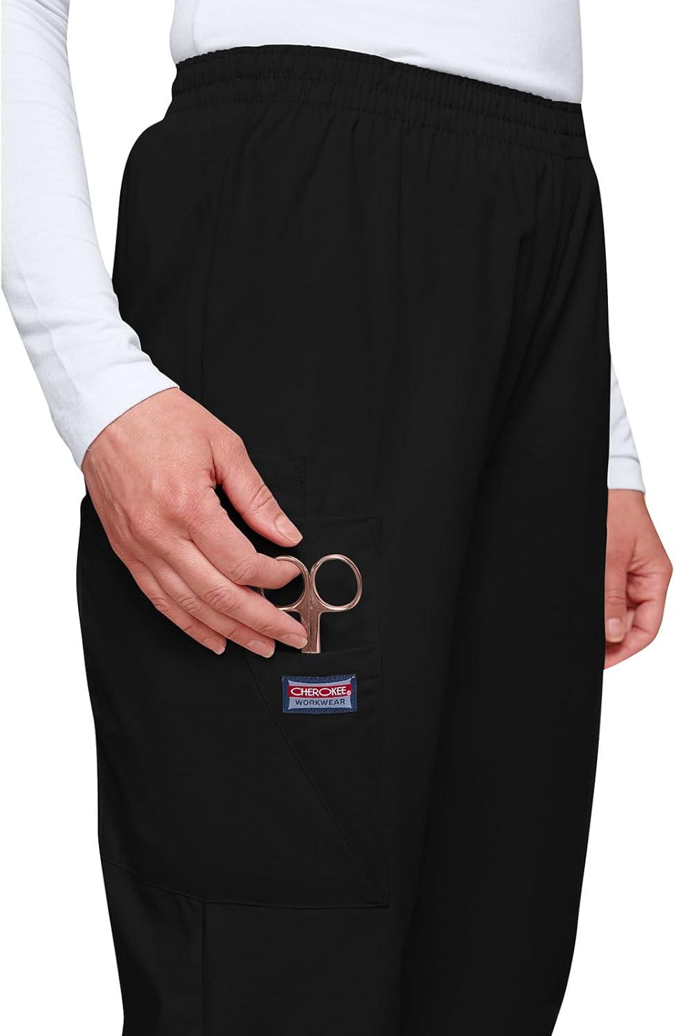 imageCherokee Scrubs for Women Cargo Pant Natural Rise Tapered PullOn Bottom with 4 Pockets Fade Resistant Fabric 4200Black