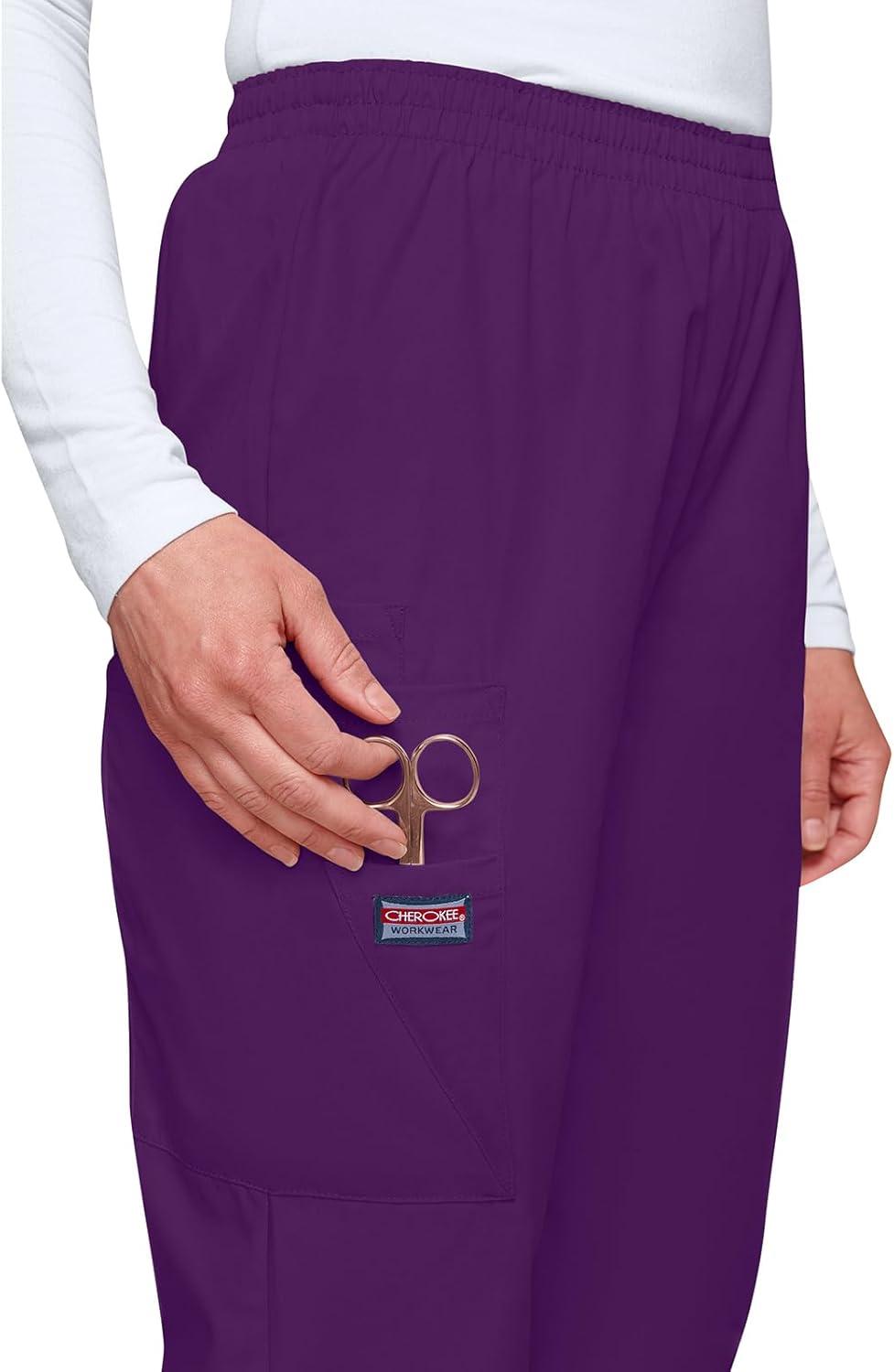 imageCherokee Scrubs for Women Cargo Pant Natural Rise Tapered PullOn Bottom with 4 Pockets Fade Resistant Fabric 4200Eggplant