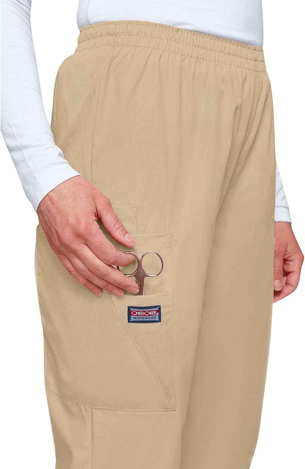 imageCherokee Scrubs for Women Cargo Pant Natural Rise Tapered PullOn Bottom with 4 Pockets Fade Resistant Fabric 4200Khaki