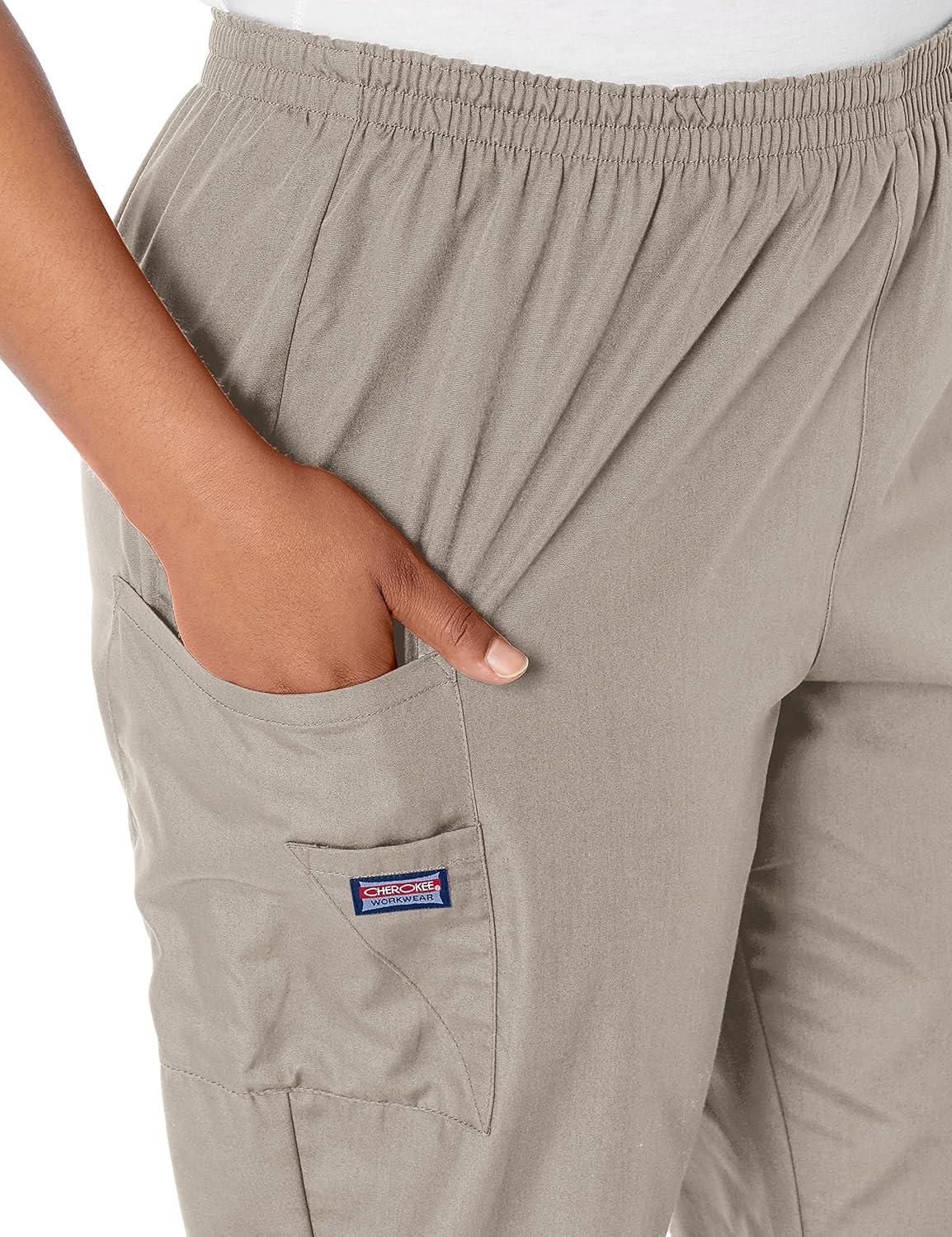imageCherokee Scrubs for Women Cargo Pant Natural Rise Tapered PullOn Bottom with 4 Pockets Fade Resistant Fabric 4200Khaki