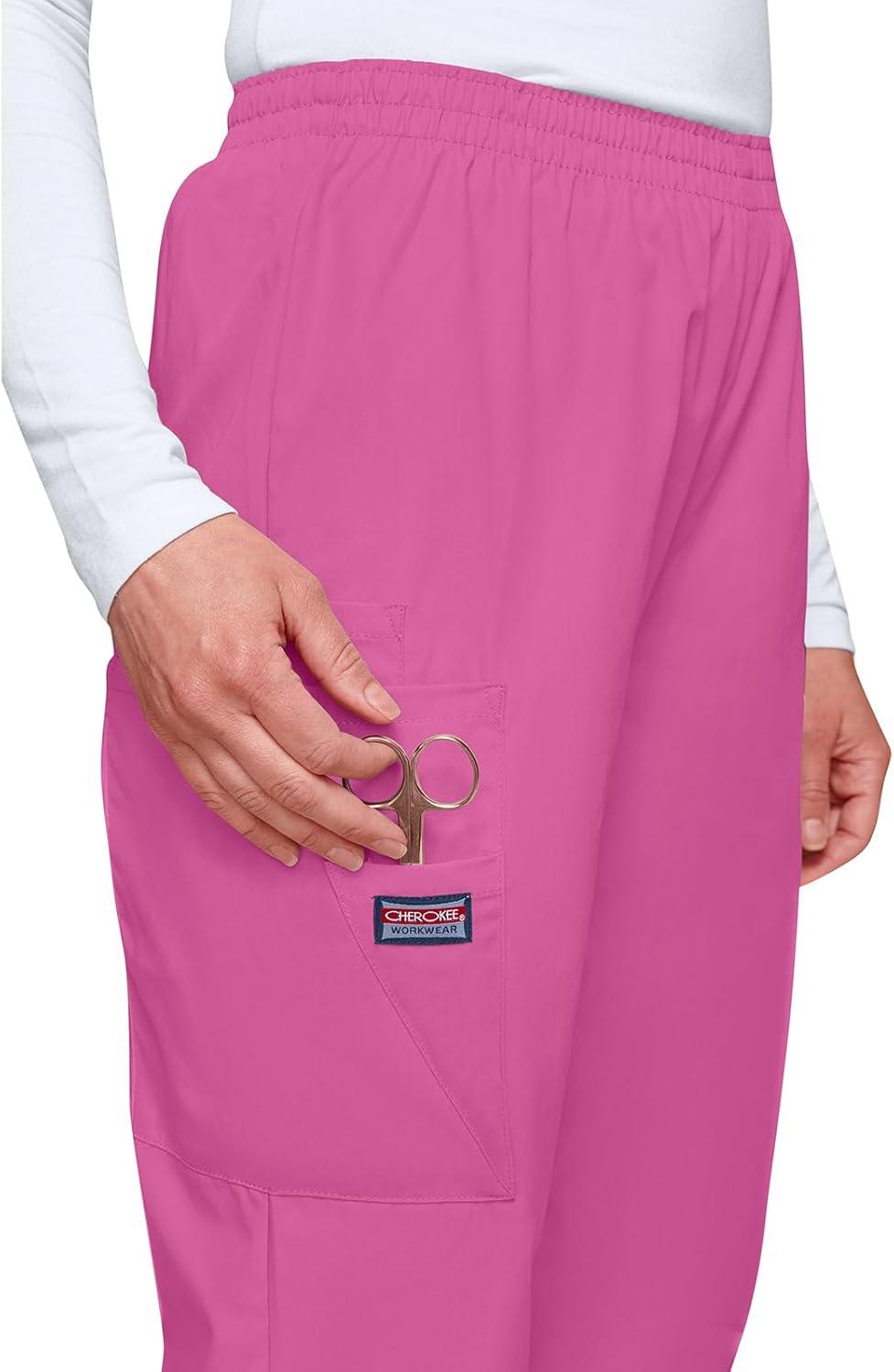 imageCherokee Scrubs for Women Cargo Pant Natural Rise Tapered PullOn Bottom with 4 Pockets Fade Resistant Fabric 4200Shocking Pink