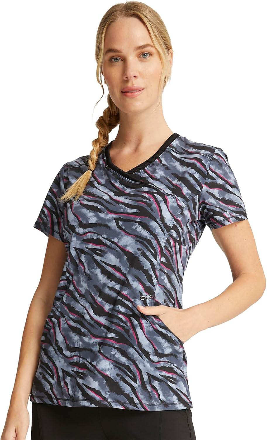 imageCherokee Scrubs for Women Mock Print Wrap Scrub Top 3 Pockets RibKnit Detail Side Vents Medical Uniform CK608Wild for Tie Dye