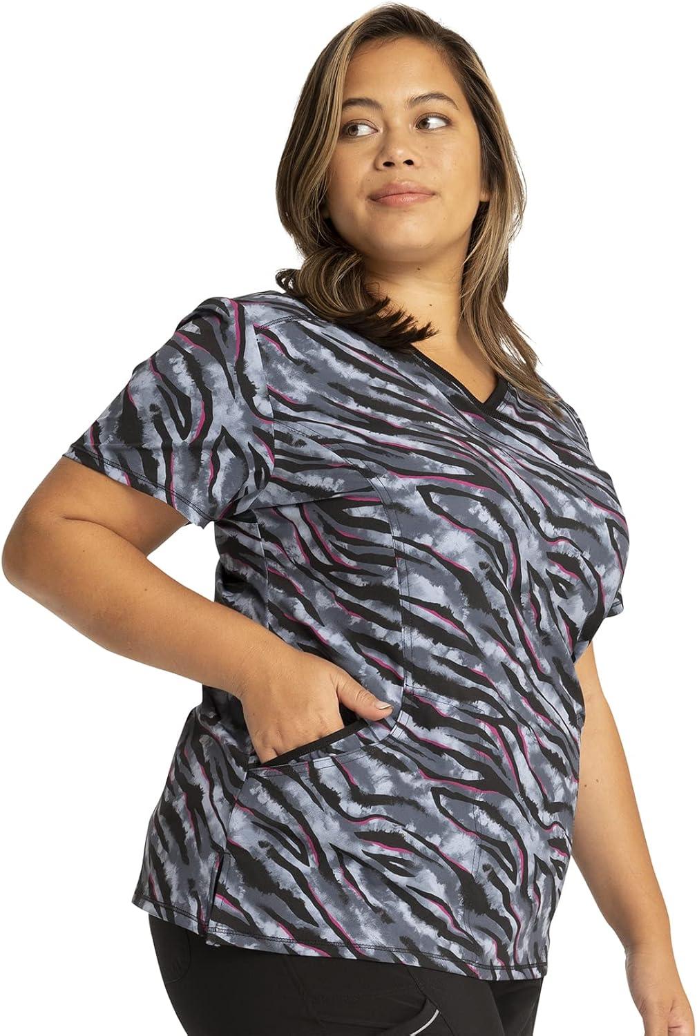 imageCherokee Scrubs for Women Mock Print Wrap Scrub Top 3 Pockets RibKnit Detail Side Vents Medical Uniform CK608Wild for Tie Dye