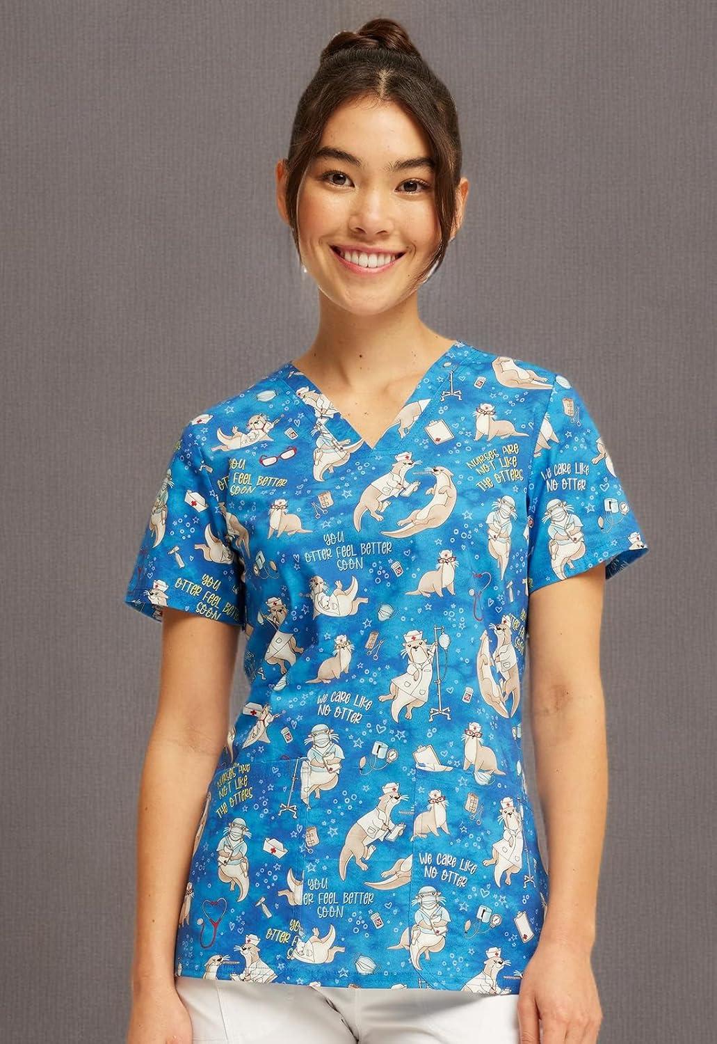imageCherokee Scrubs for Women Printed VNeck Scrub Top with Modern Classic Fit with 2 Welt Pockets amp Shirttail Hem CK637Care Like No Otter