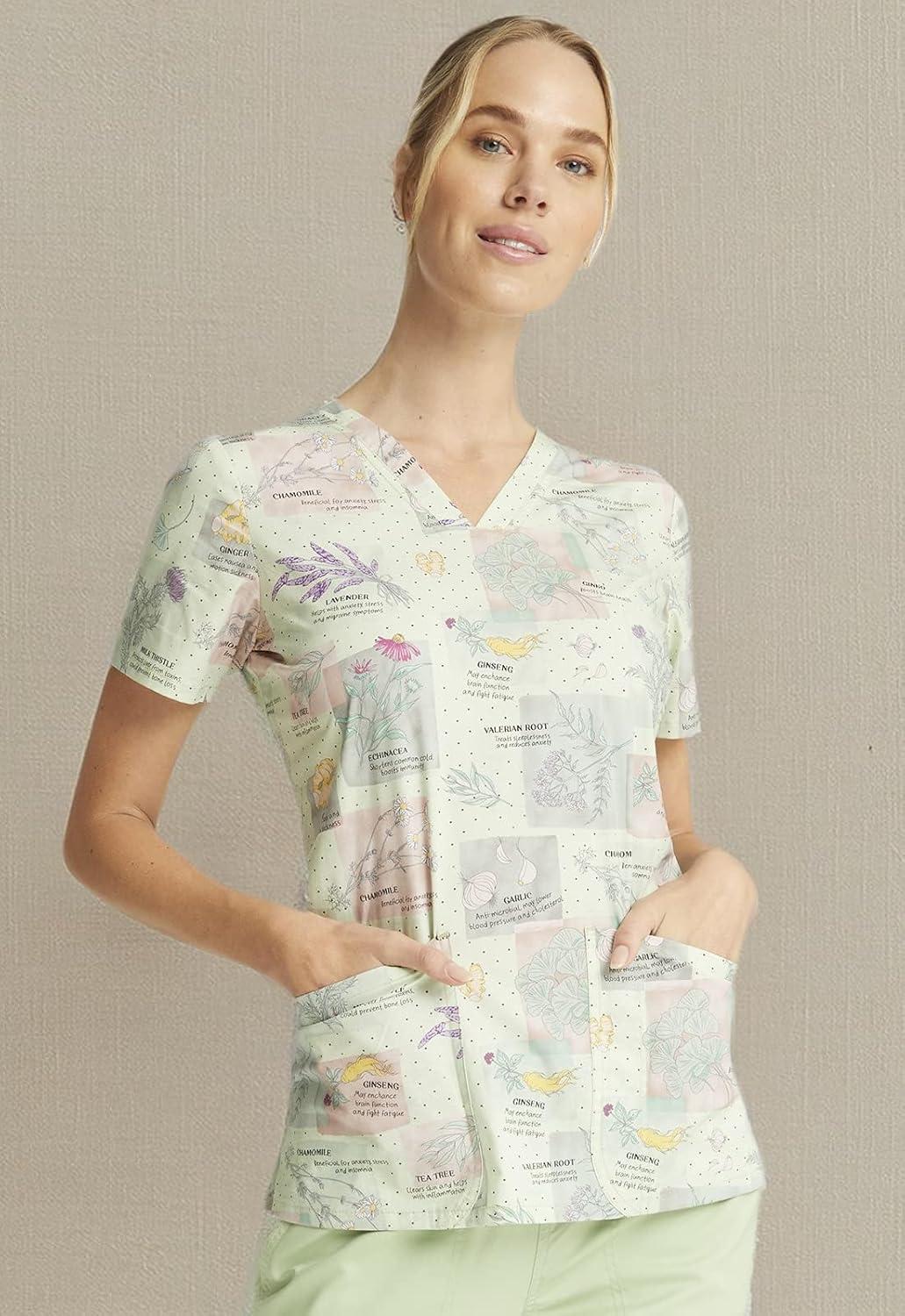 imageCherokee Scrubs for Women Printed VNeck Scrub Top with Modern Classic Fit with 2 Welt Pockets amp Shirttail Hem CK637Herbal Wellness