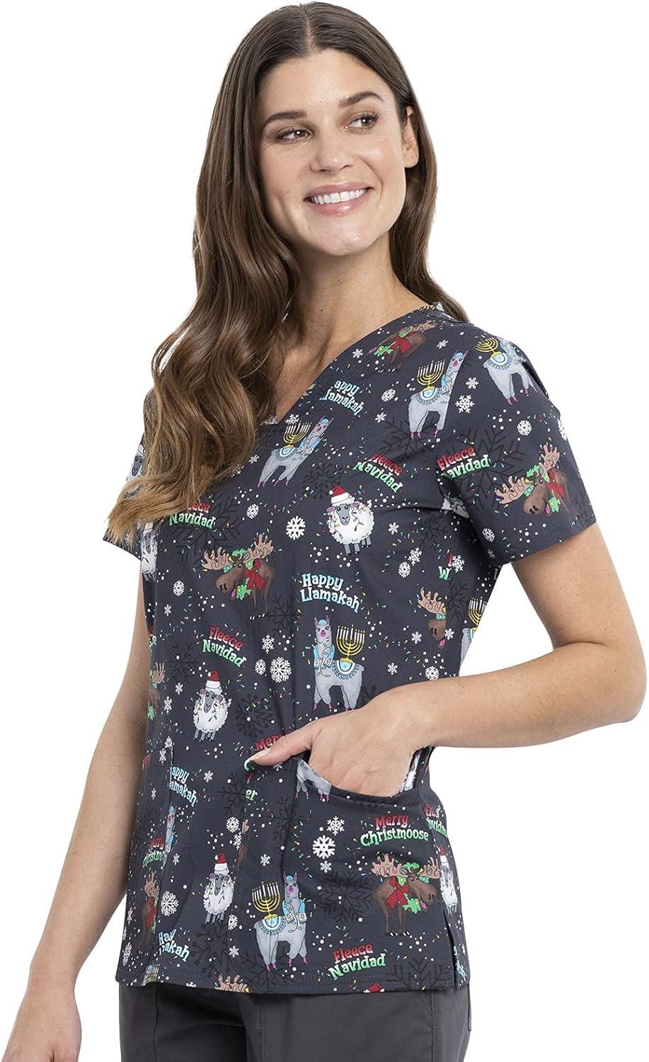 imageCherokee Scrubs for Women Printed VNeck Scrub Top with Modern Classic Fit with 2 Welt Pockets amp Shirttail Hem CK637Merry Whatever