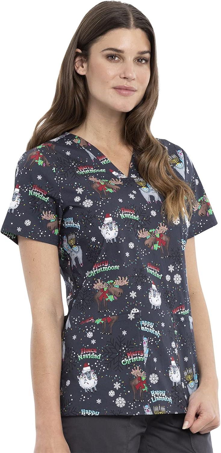 imageCherokee Scrubs for Women Printed VNeck Scrub Top with Modern Classic Fit with 2 Welt Pockets amp Shirttail Hem CK637Merry Whatever