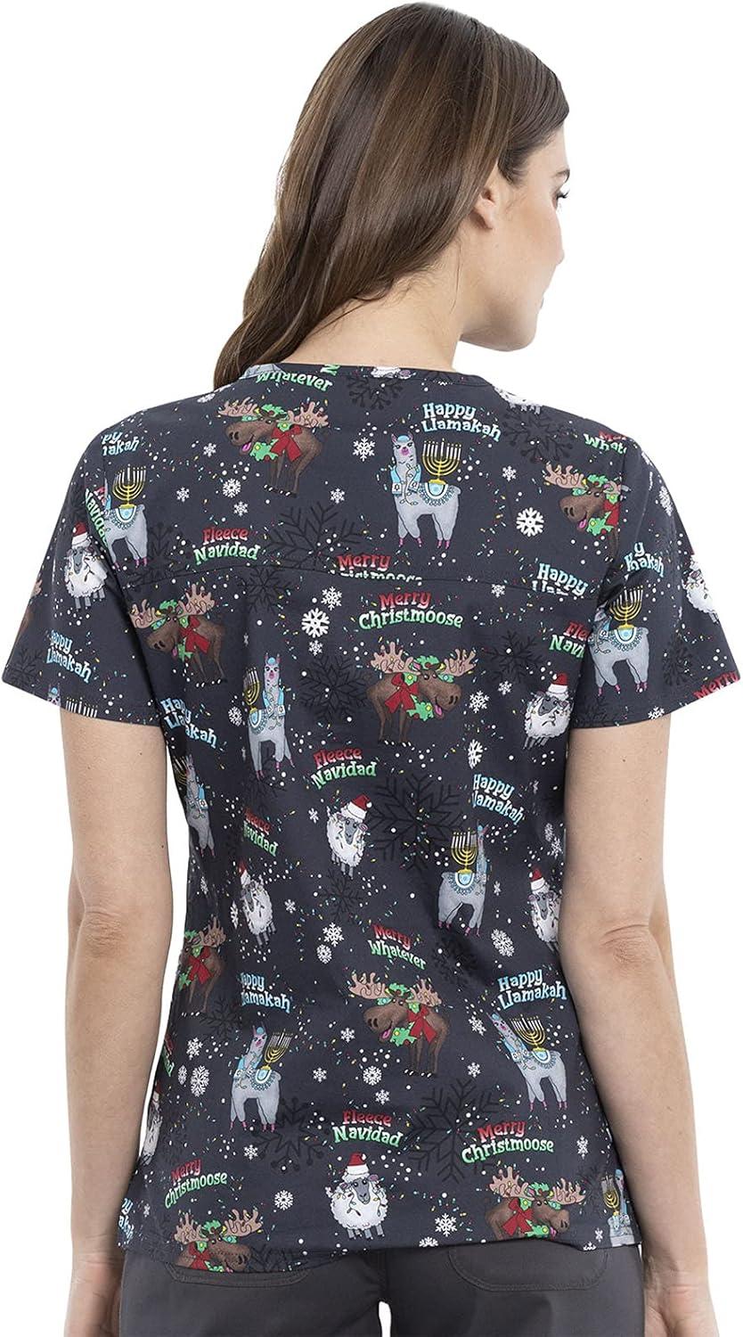 imageCherokee Scrubs for Women Printed VNeck Scrub Top with Modern Classic Fit with 2 Welt Pockets amp Shirttail Hem CK637Merry Whatever