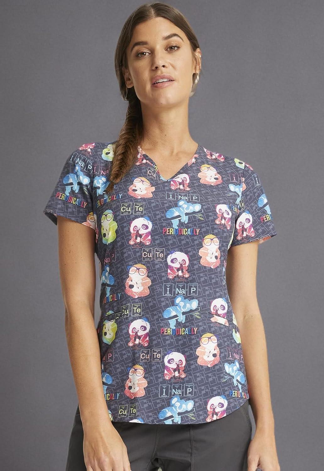 imageCherokee Scrubs for Women Printed VNeck Scrub Top with Modern Classic Fit with 2 Welt Pockets amp Shirttail Hem CK637Science Friends