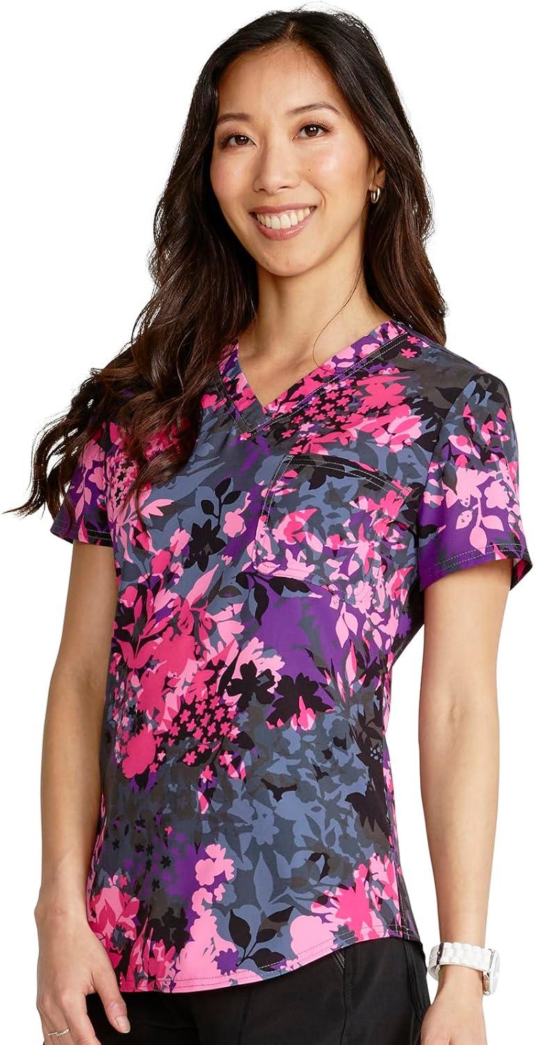 imageCherokee Scrubs for Women VNeck Printed Scrub Top Modern Classic Fit with 3 Pockets Shaping Darts amp Side Vents CK664Brilliant Botanicals