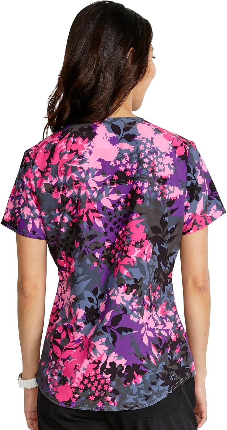 imageCherokee Scrubs for Women VNeck Printed Scrub Top Modern Classic Fit with 3 Pockets Shaping Darts amp Side Vents CK664Brilliant Botanicals