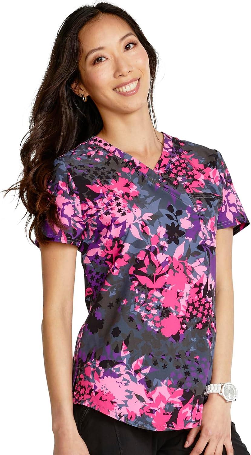imageCherokee Scrubs for Women VNeck Printed Scrub Top Modern Classic Fit with 3 Pockets Shaping Darts amp Side Vents CK664Brilliant Botanicals
