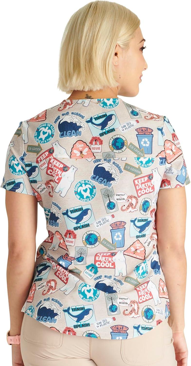 imageCherokee Scrubs for Women VNeck Printed Scrub Top Modern Classic Fit with 3 Pockets Shaping Darts amp Side Vents CK664Care for the Cause