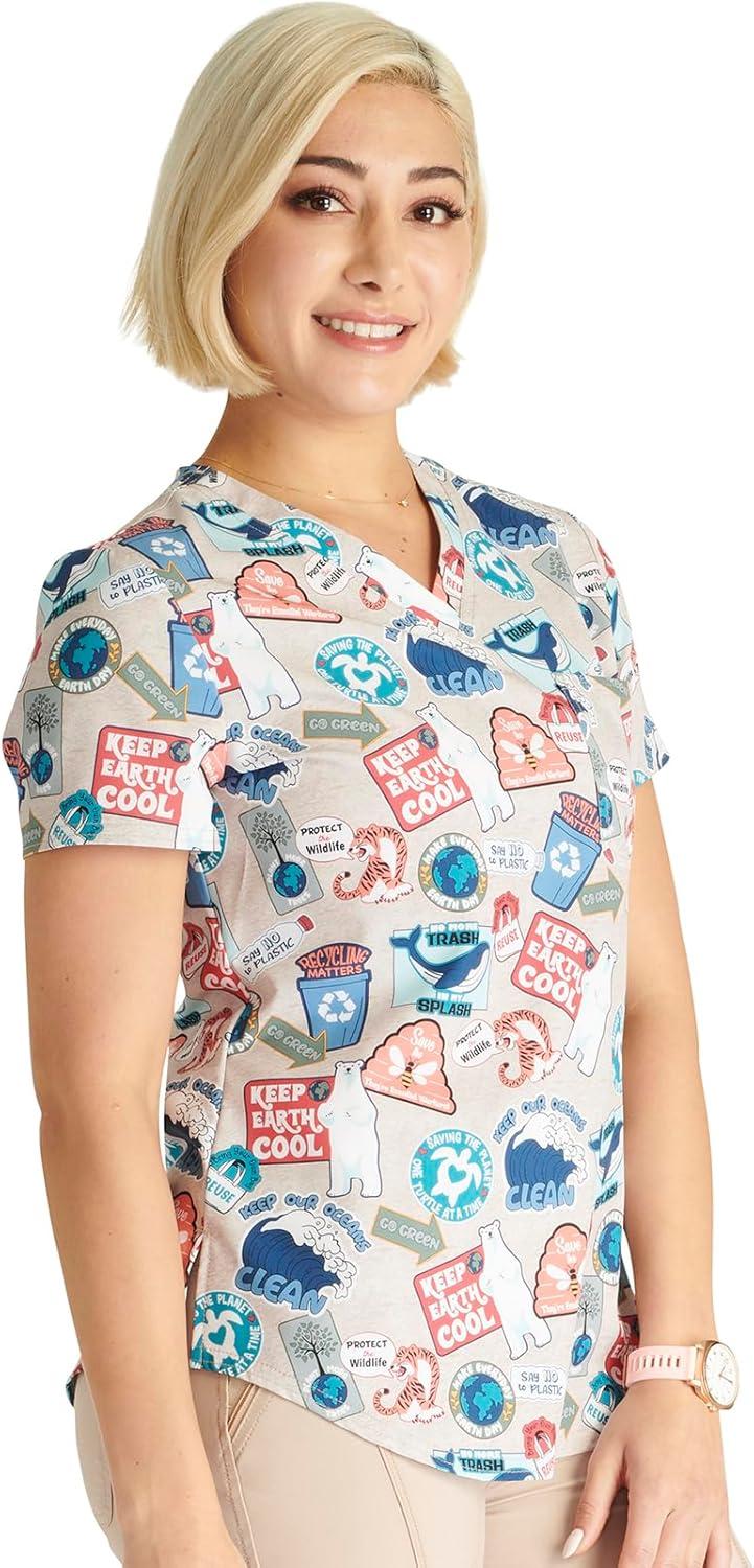 imageCherokee Scrubs for Women VNeck Printed Scrub Top Modern Classic Fit with 3 Pockets Shaping Darts amp Side Vents CK664Care for the Cause