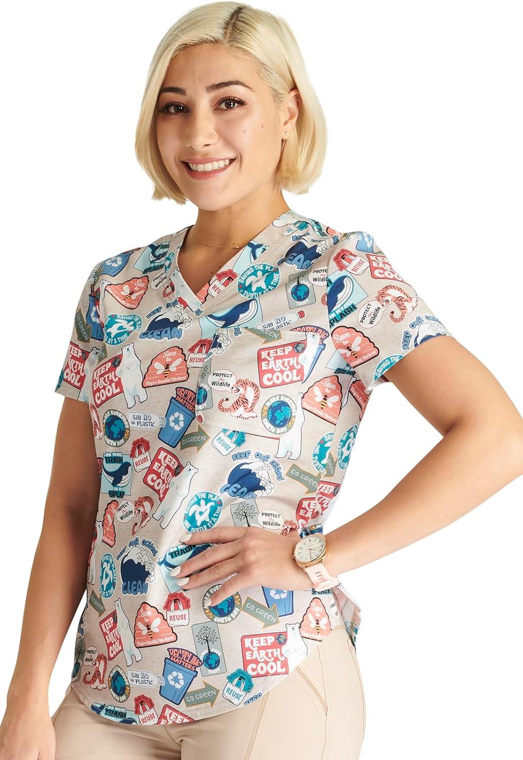imageCherokee Scrubs for Women VNeck Printed Scrub Top Modern Classic Fit with 3 Pockets Shaping Darts amp Side Vents CK664Care for the Cause