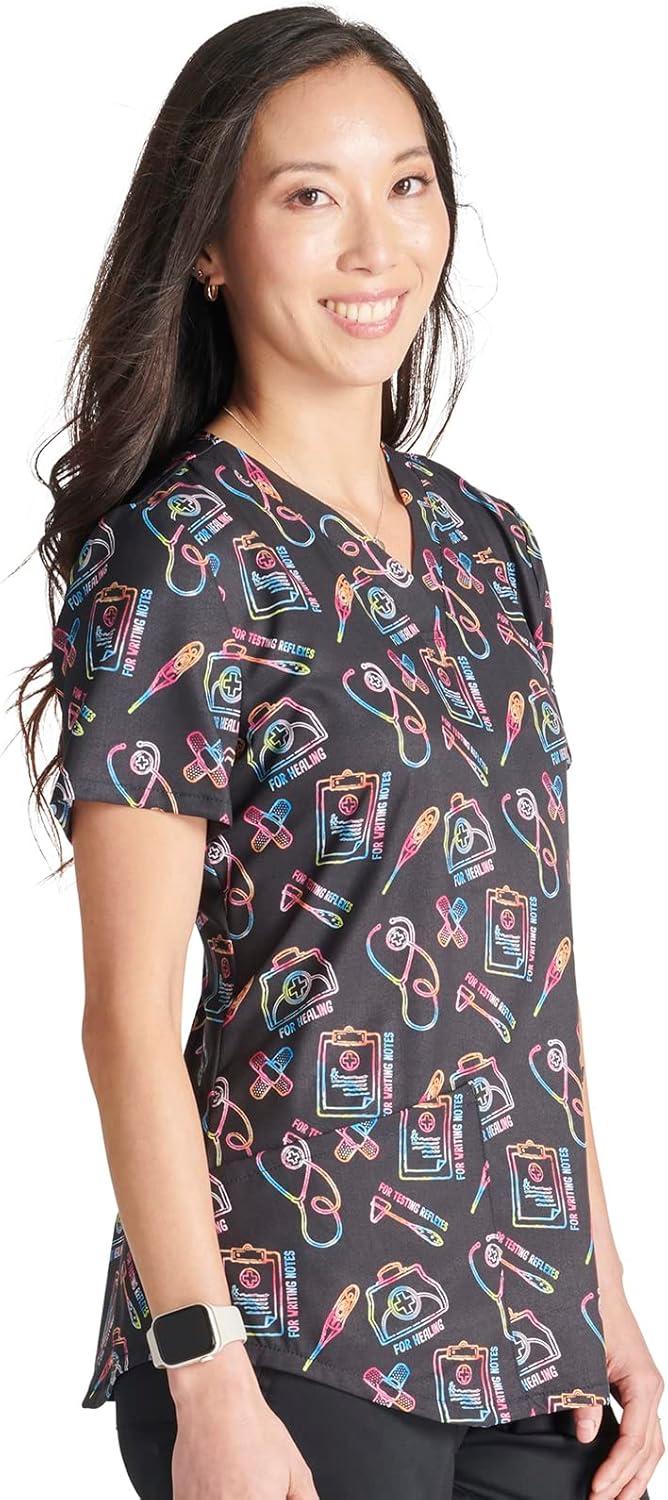 imageCherokee Scrubs for Women VNeck Printed Scrub Top Modern Classic Fit with 3 Pockets Shaping Darts amp Side Vents CK664Caring Essentials