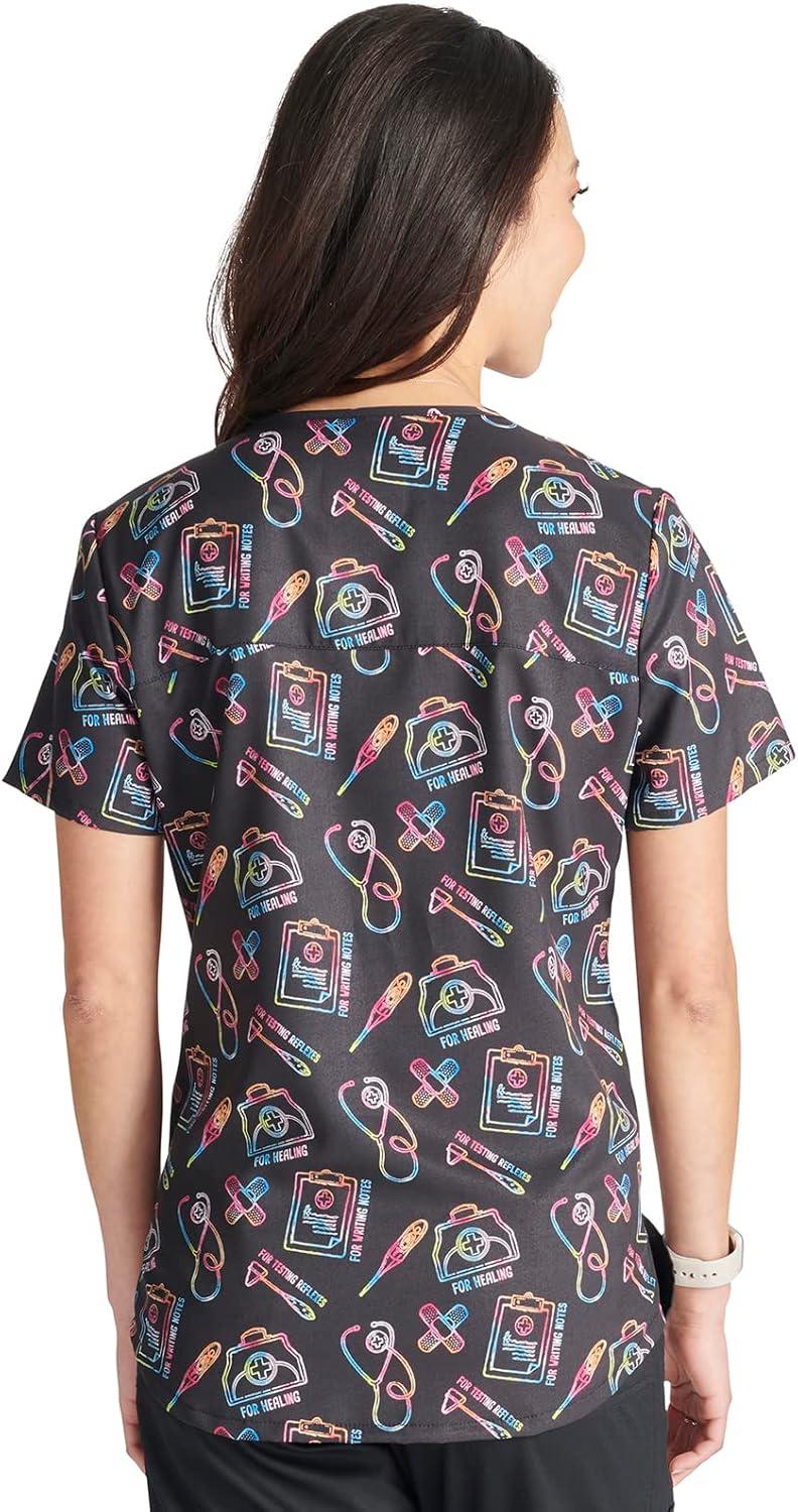imageCherokee Scrubs for Women VNeck Printed Scrub Top Modern Classic Fit with 3 Pockets Shaping Darts amp Side Vents CK664Caring Essentials
