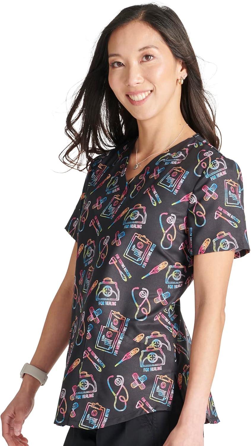 imageCherokee Scrubs for Women VNeck Printed Scrub Top Modern Classic Fit with 3 Pockets Shaping Darts amp Side Vents CK664Caring Essentials