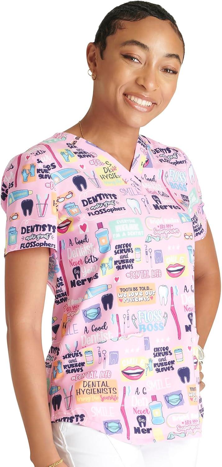 imageCherokee Scrubs for Women VNeck Printed Scrub Top Modern Classic Fit with 3 Pockets Shaping Darts amp Side Vents CK664Dental Life
