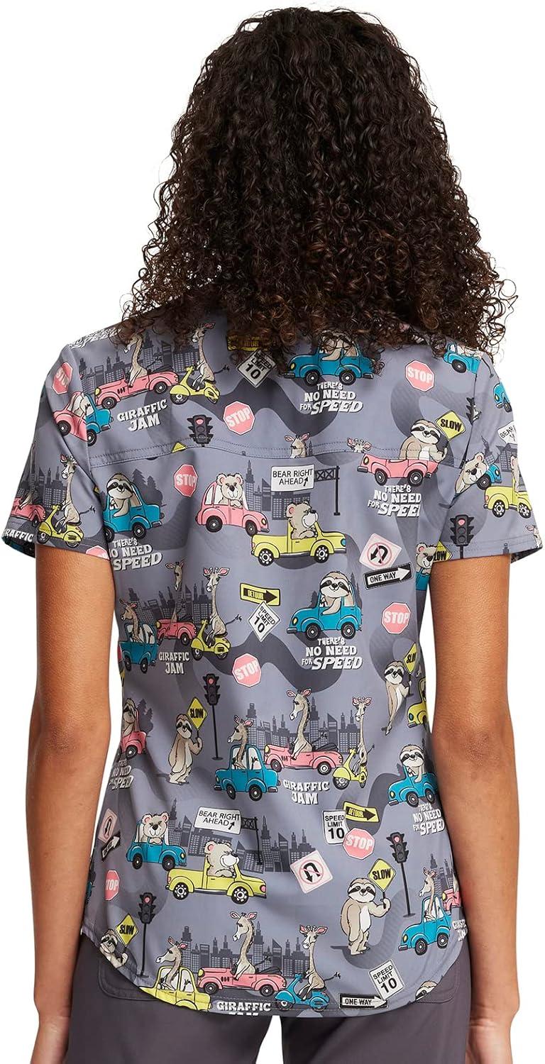 imageCherokee Scrubs for Women VNeck Printed Scrub Top Modern Classic Fit with 3 Pockets Shaping Darts amp Side Vents CK664Giraffic Jam