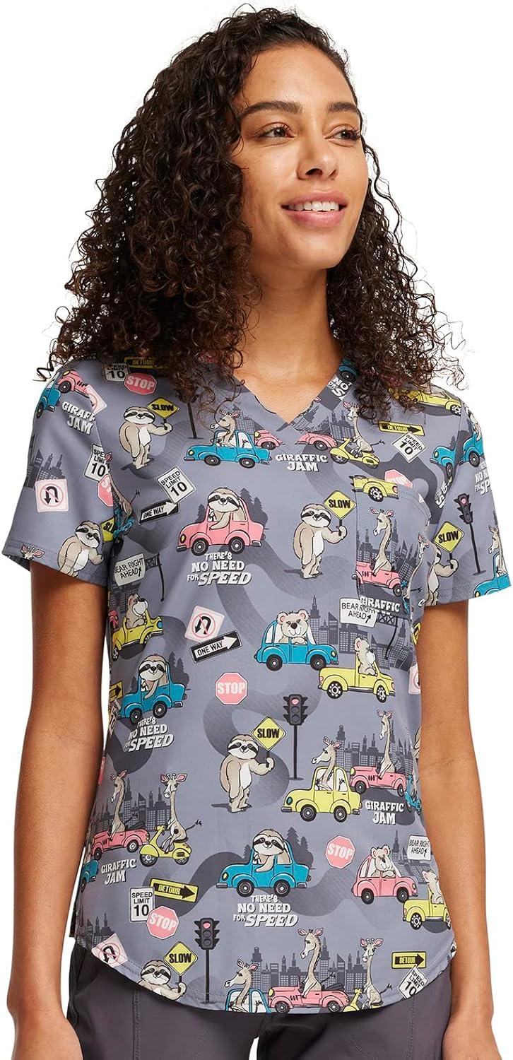 imageCherokee Scrubs for Women VNeck Printed Scrub Top Modern Classic Fit with 3 Pockets Shaping Darts amp Side Vents CK664Giraffic Jam