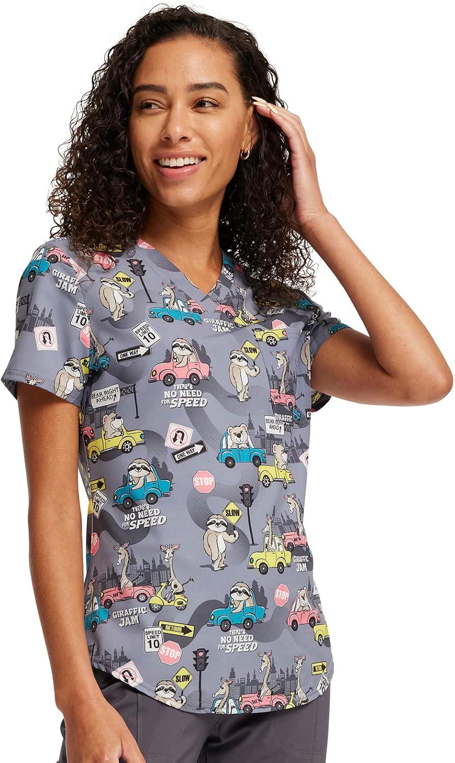 imageCherokee Scrubs for Women VNeck Printed Scrub Top Modern Classic Fit with 3 Pockets Shaping Darts amp Side Vents CK664Giraffic Jam
