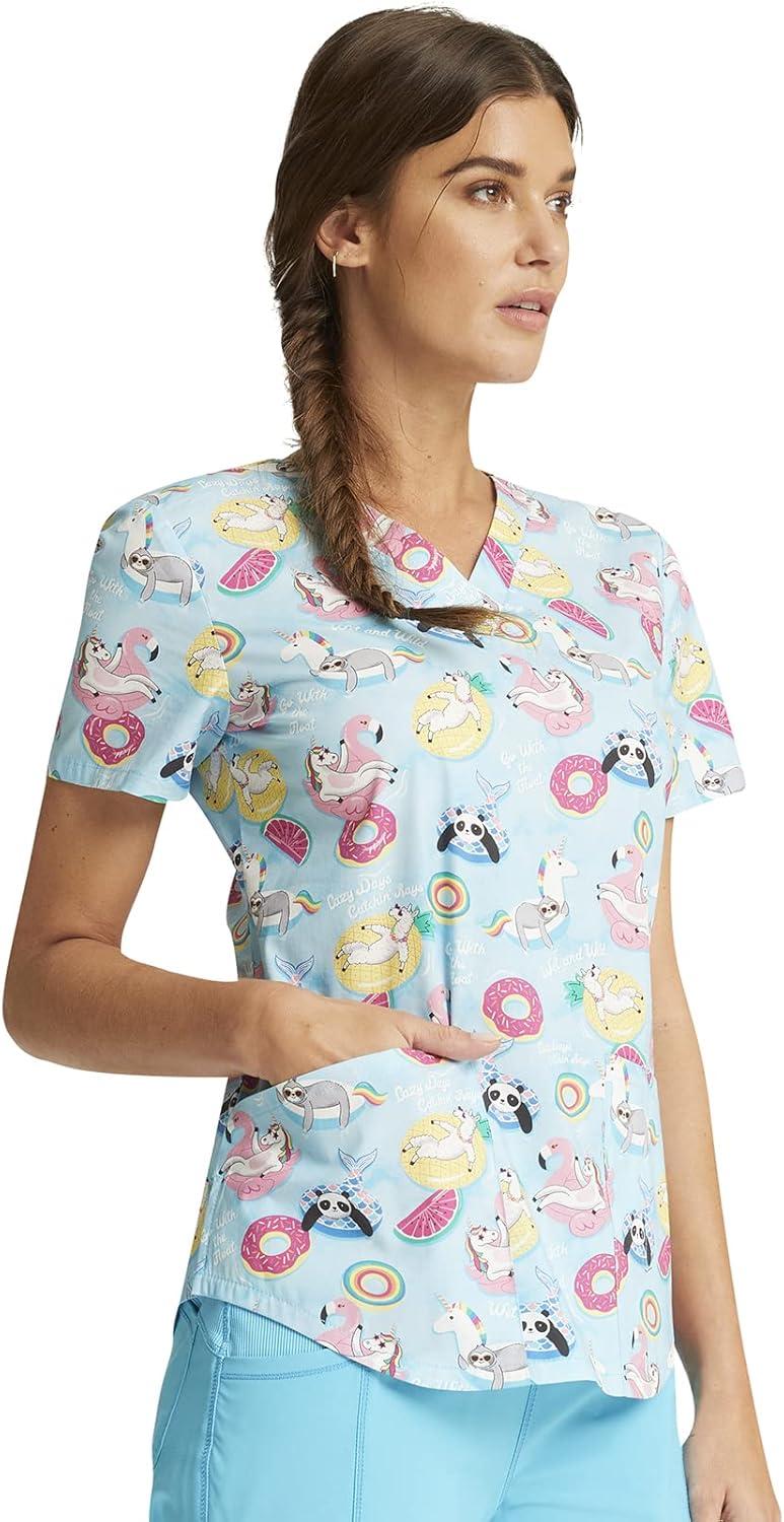 imageCherokee Scrubs for Women VNeck Printed Scrub Top Modern Classic Fit with 3 Pockets Shaping Darts amp Side Vents CK664Go With the Float