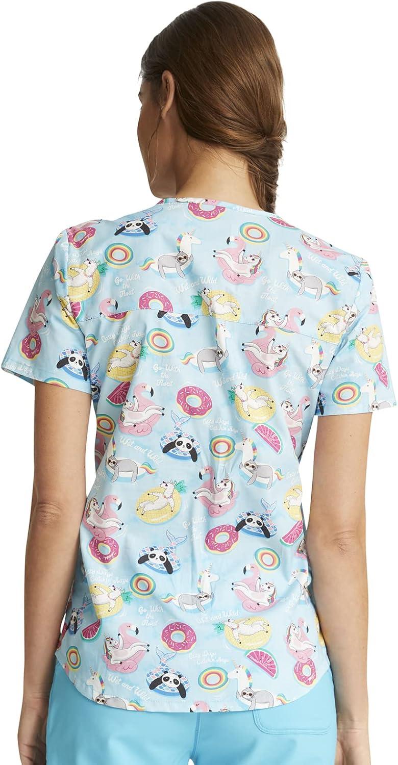 imageCherokee Scrubs for Women VNeck Printed Scrub Top Modern Classic Fit with 3 Pockets Shaping Darts amp Side Vents CK664Go With the Float