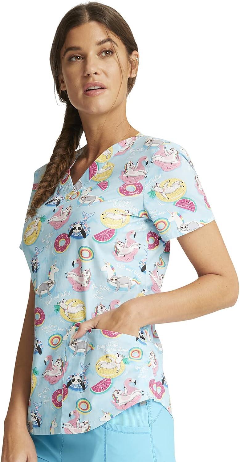 imageCherokee Scrubs for Women VNeck Printed Scrub Top Modern Classic Fit with 3 Pockets Shaping Darts amp Side Vents CK664Go With the Float