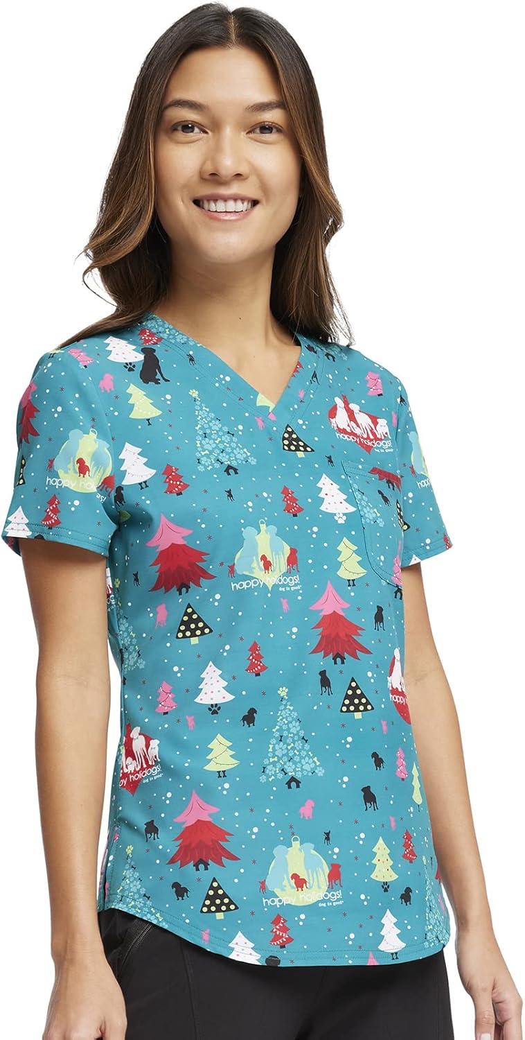 imageCherokee Scrubs for Women VNeck Printed Scrub Top Modern Classic Fit with 3 Pockets Shaping Darts amp Side Vents CK664Happy Holidogs
