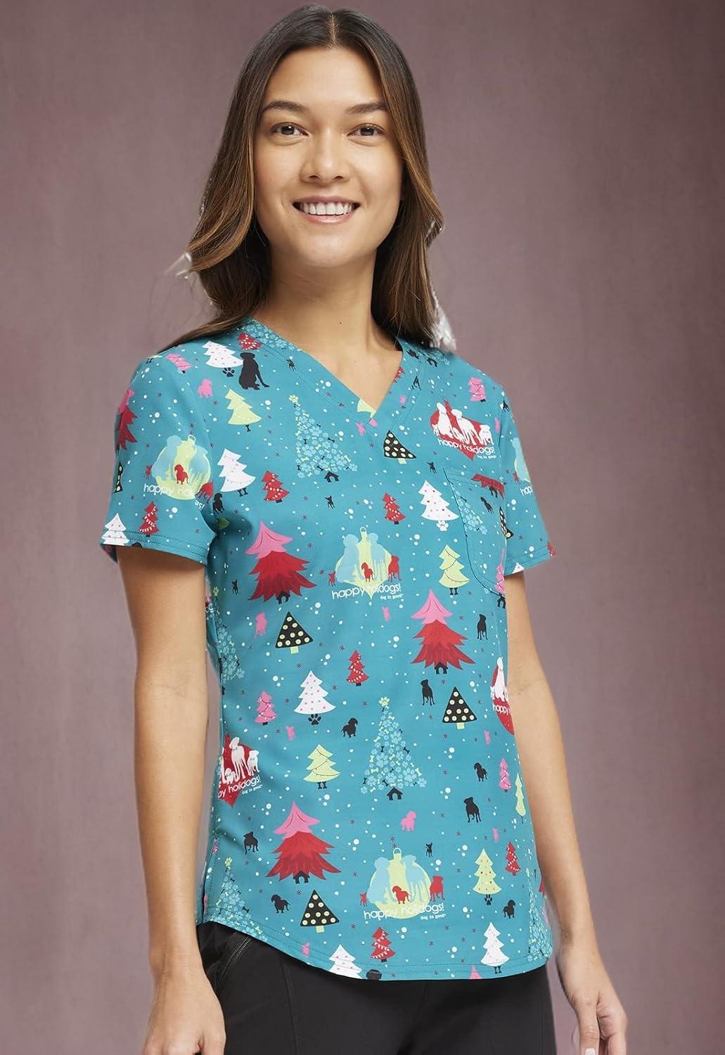 imageCherokee Scrubs for Women VNeck Printed Scrub Top Modern Classic Fit with 3 Pockets Shaping Darts amp Side Vents CK664Happy Holidogs