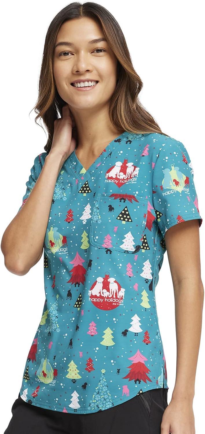 imageCherokee Scrubs for Women VNeck Printed Scrub Top Modern Classic Fit with 3 Pockets Shaping Darts amp Side Vents CK664Happy Holidogs