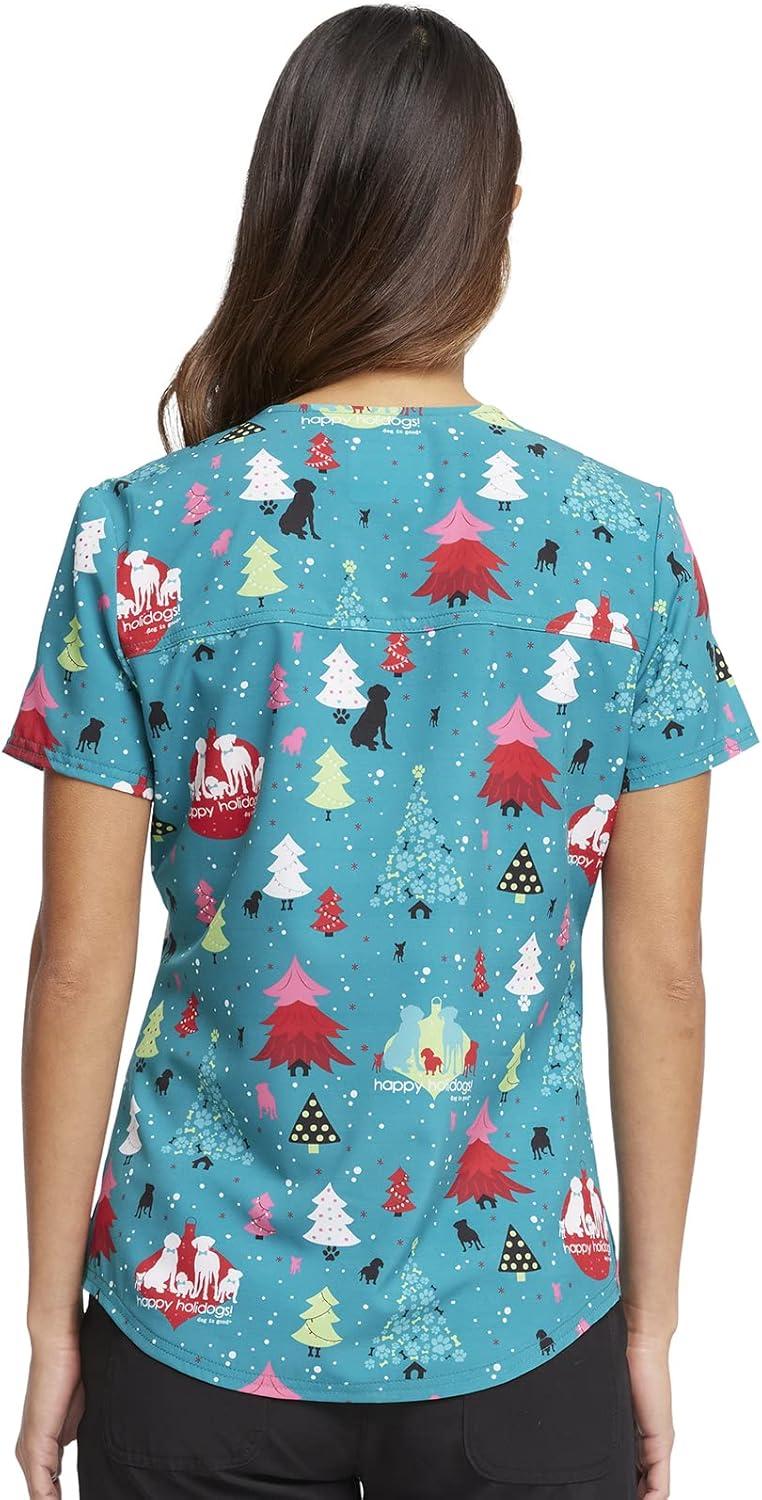 imageCherokee Scrubs for Women VNeck Printed Scrub Top Modern Classic Fit with 3 Pockets Shaping Darts amp Side Vents CK664Happy Holidogs