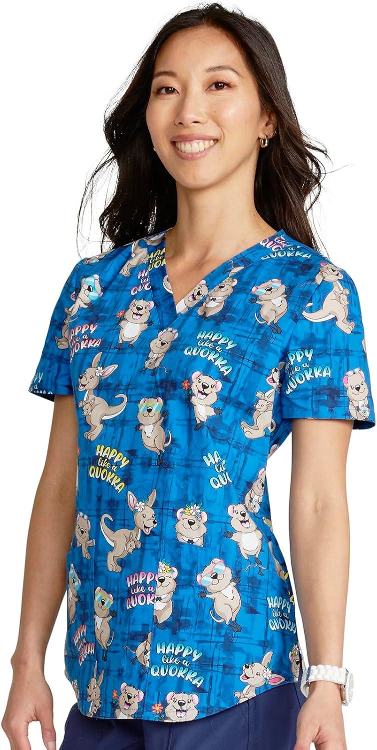 imageCherokee Scrubs for Women VNeck Printed Scrub Top Modern Classic Fit with 3 Pockets Shaping Darts amp Side Vents CK664Happy as a Quokka