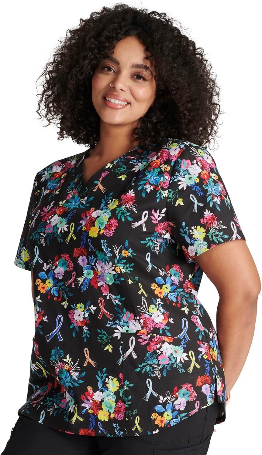 imageCherokee Scrubs for Women VNeck Printed Scrub Top Modern Classic Fit with 3 Pockets Shaping Darts amp Side Vents CK664Hopeful Bouquets