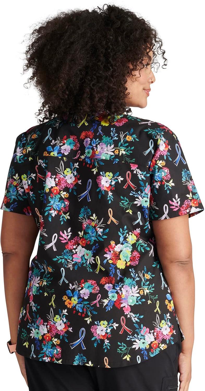 imageCherokee Scrubs for Women VNeck Printed Scrub Top Modern Classic Fit with 3 Pockets Shaping Darts amp Side Vents CK664Hopeful Bouquets