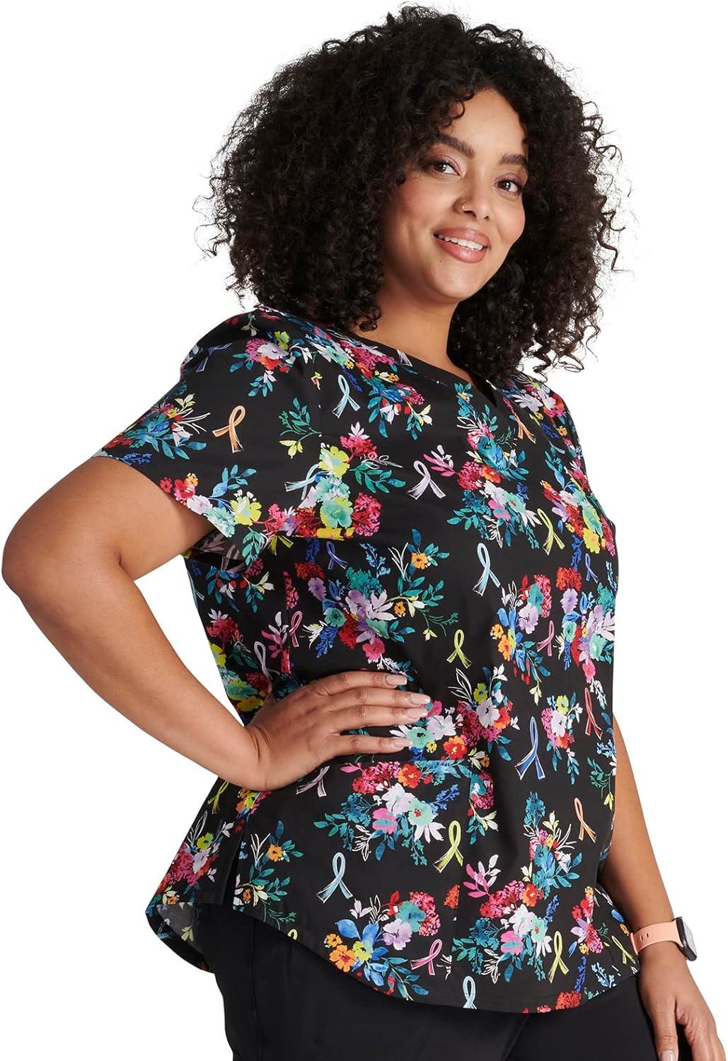 imageCherokee Scrubs for Women VNeck Printed Scrub Top Modern Classic Fit with 3 Pockets Shaping Darts amp Side Vents CK664Hopeful Bouquets