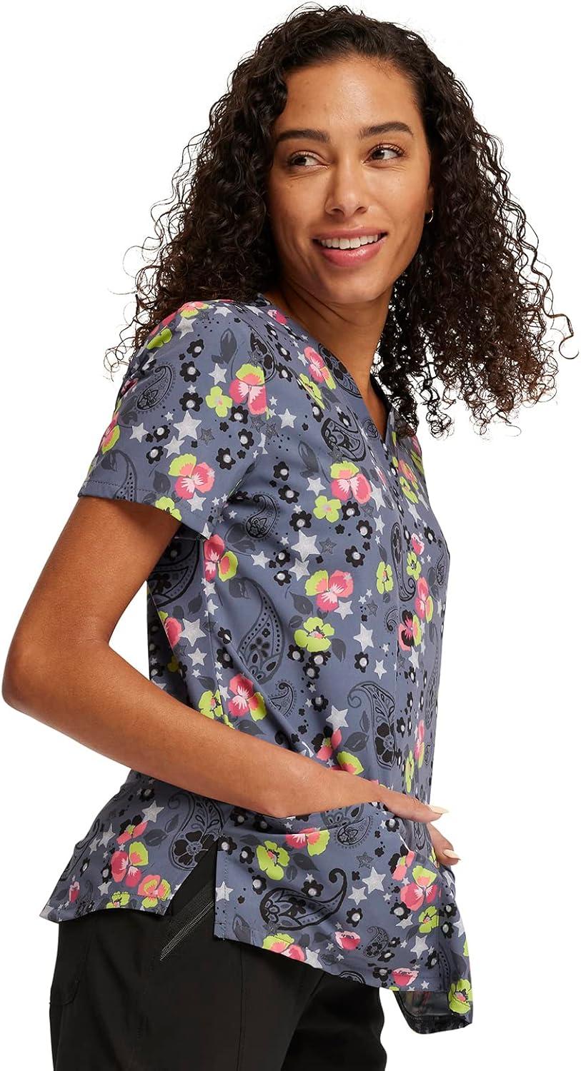 imageCherokee Scrubs for Women VNeck Printed Scrub Top Modern Classic Fit with 3 Pockets Shaping Darts amp Side Vents CK664Paisley Petals