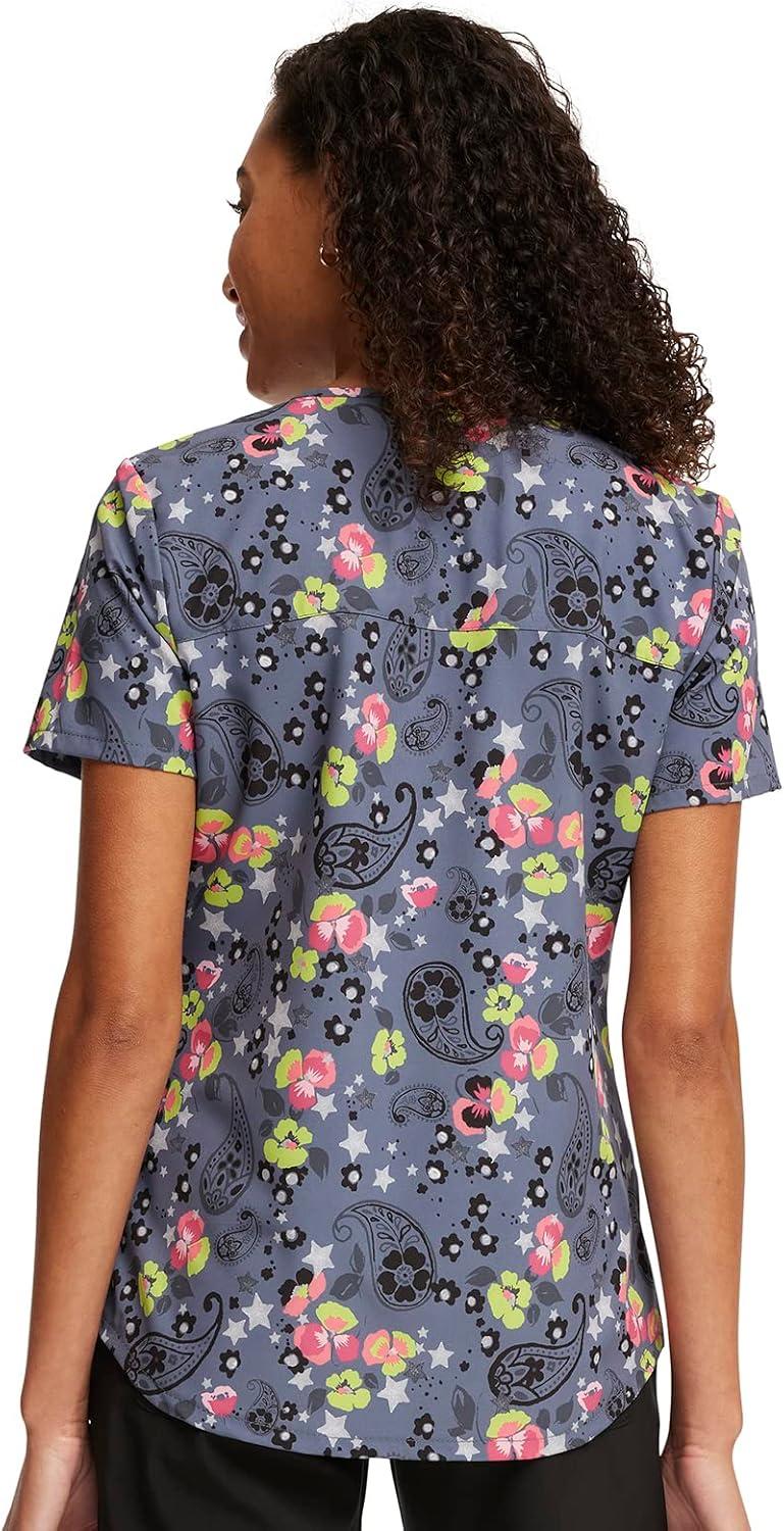 imageCherokee Scrubs for Women VNeck Printed Scrub Top Modern Classic Fit with 3 Pockets Shaping Darts amp Side Vents CK664Paisley Petals