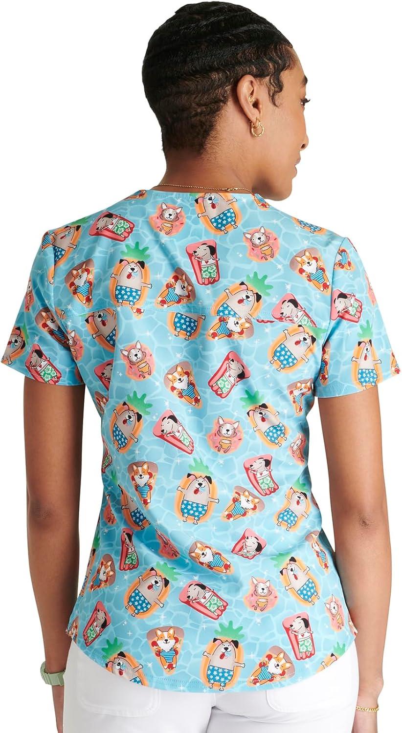 imageCherokee Scrubs for Women VNeck Printed Scrub Top Modern Classic Fit with 3 Pockets Shaping Darts amp Side Vents CK664Pool Pawrty