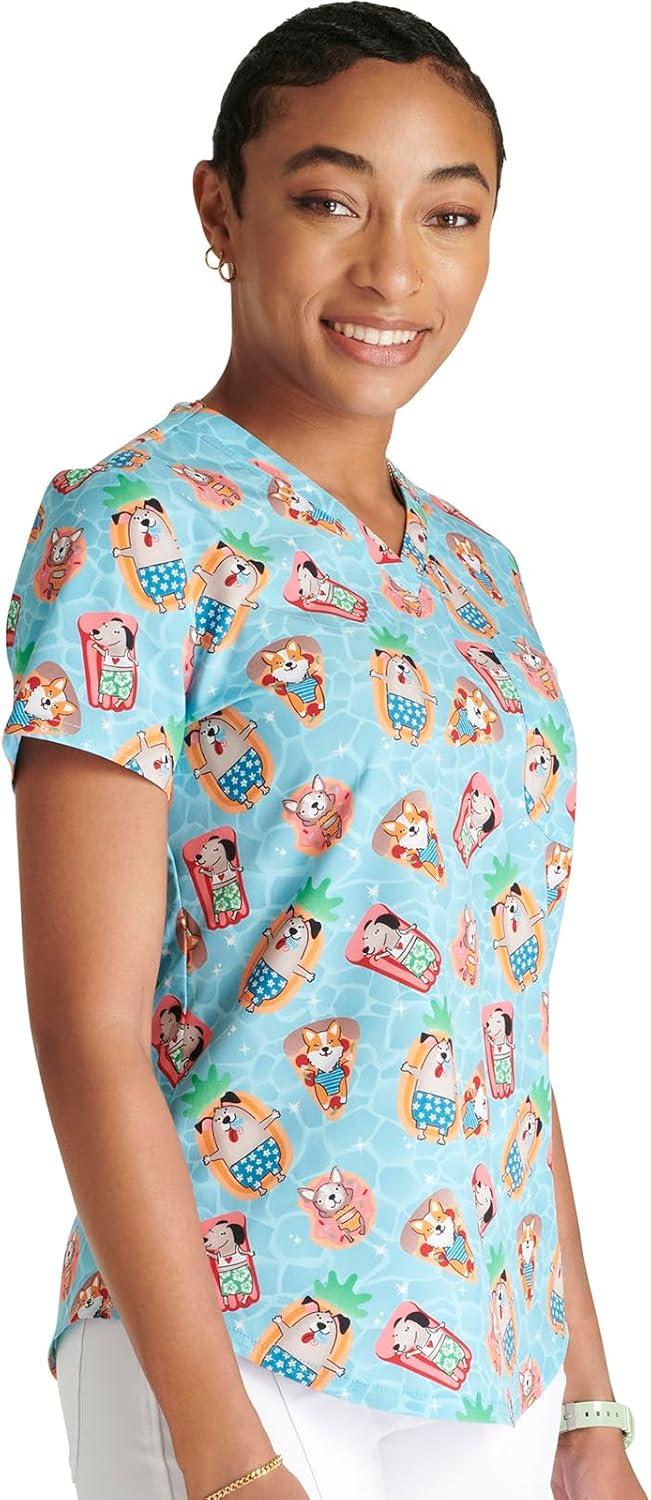 imageCherokee Scrubs for Women VNeck Printed Scrub Top Modern Classic Fit with 3 Pockets Shaping Darts amp Side Vents CK664Pool Pawrty