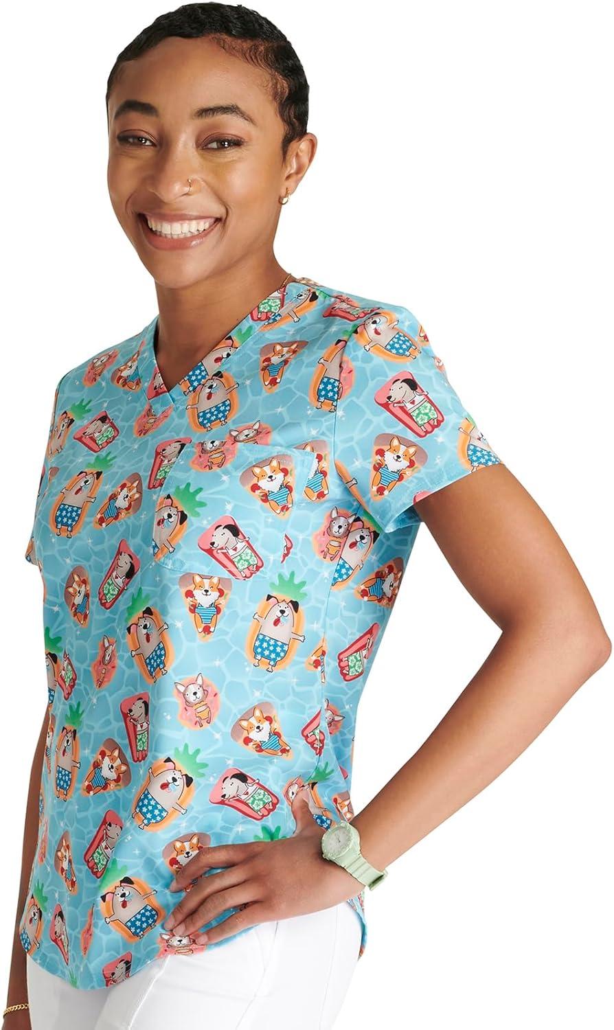imageCherokee Scrubs for Women VNeck Printed Scrub Top Modern Classic Fit with 3 Pockets Shaping Darts amp Side Vents CK664Pool Pawrty