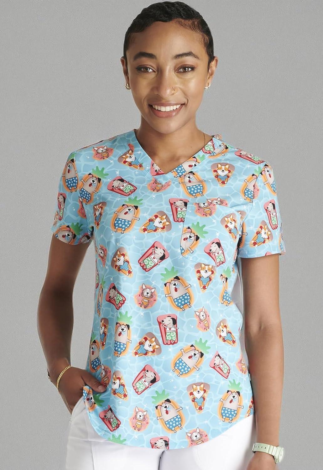 imageCherokee Scrubs for Women VNeck Printed Scrub Top Modern Classic Fit with 3 Pockets Shaping Darts amp Side Vents CK664Pool Pawrty