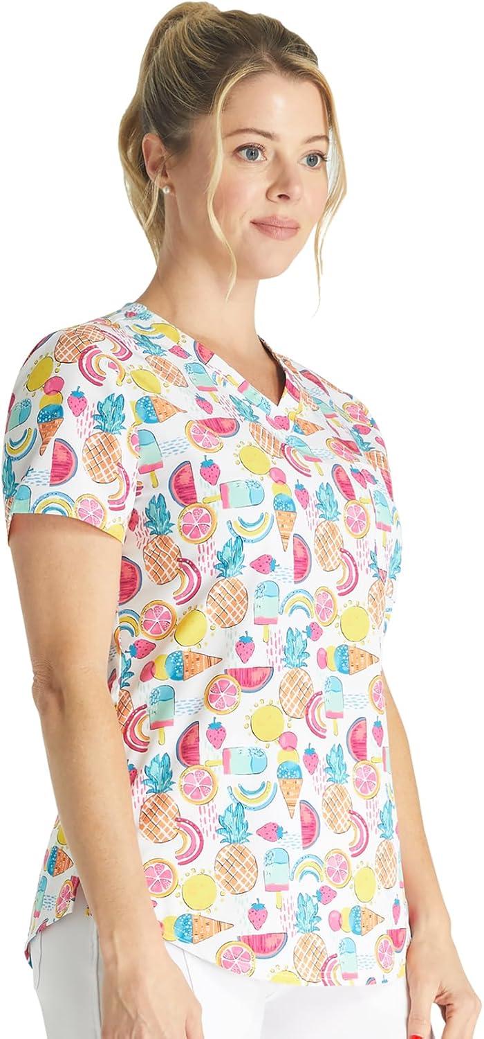 imageCherokee Scrubs for Women VNeck Printed Scrub Top Modern Classic Fit with 3 Pockets Shaping Darts amp Side Vents CK664Sweet Vibes
