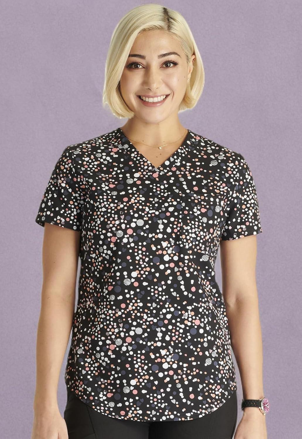 imageCherokee Scrubs for Women VNeck Printed Scrub Top Modern Classic Fit with 3 Pockets Shaping Darts amp Side Vents CK664Sweetheart Geo
