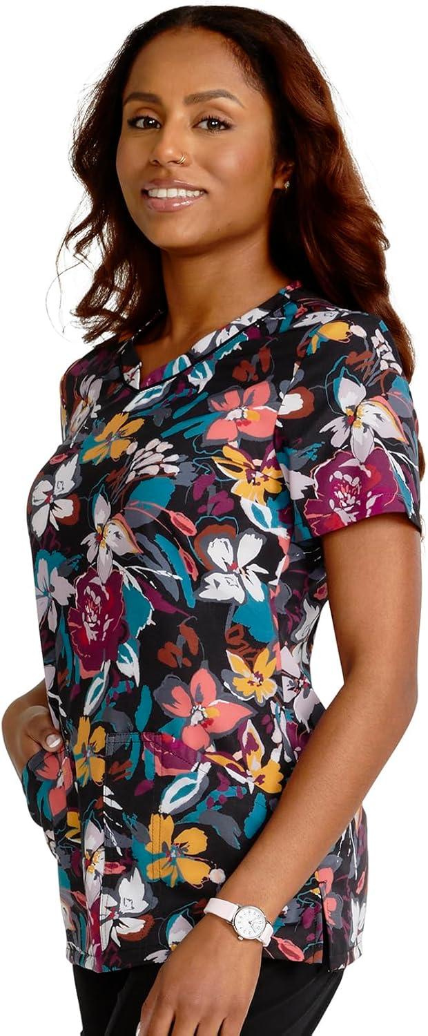 imageCherokee Scrubs for Women VNeck Printed Top Modern Classic Fit with 3 Pockets Knit Details amp Side Vents CK678Artful Blooms