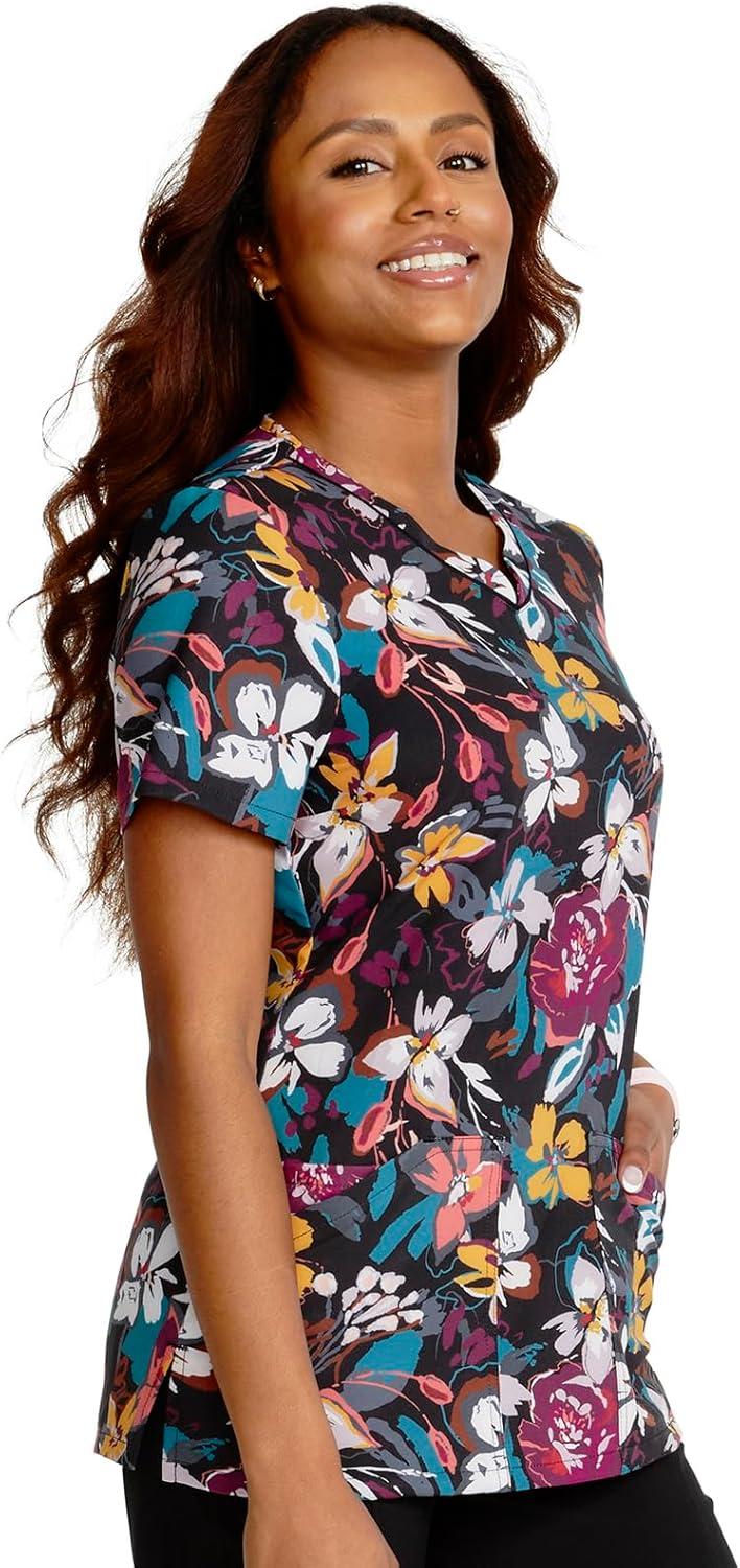 imageCherokee Scrubs for Women VNeck Printed Top Modern Classic Fit with 3 Pockets Knit Details amp Side Vents CK678Artful Blooms