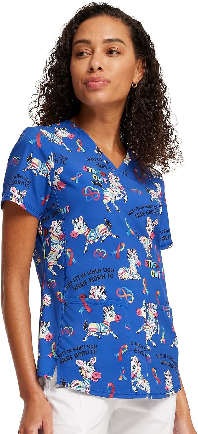 imageCherokee Scrubs for Women VNeck Printed Top Modern Classic Fit with 3 Pockets Knit Details amp Side Vents CK678Born to Stand Out